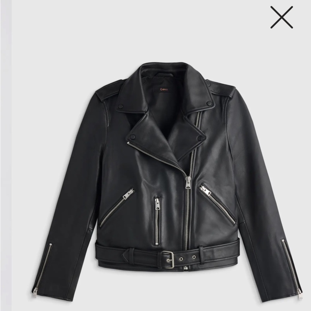 Quince Black Leather Moto Jacket with Belted Waist